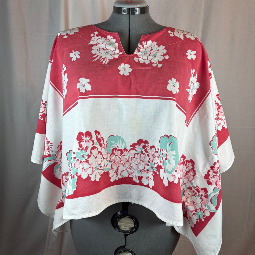OS Plus Vintage Handmade Floral Tablecloth Caftan Top Red Wht Turquse Split Neck - Picture 4 of 14